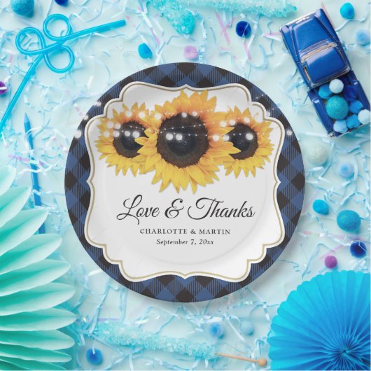 Blue Buffalo Plaid Zonnebloem Bloemen Huwelijk Papieren Bordje (Feest)