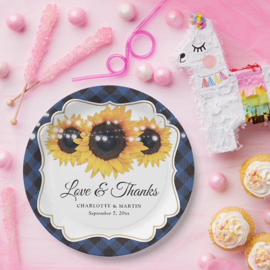 Blue Buffalo Plaid Zonnebloem Bloemen Huwelijk Papieren Bordje (Feest)