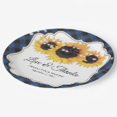 Blue Buffalo Plaid Zonnebloem Bloemen Huwelijk Papieren Bordje (Gekanteld)