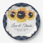 Blue Buffalo Plaid Zonnebloem Bloemen Huwelijk Papieren Bordje (Voorkant)