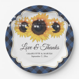Blue Buffalo Plaid Zonnebloem Bloemen Huwelijk Papieren Bordje