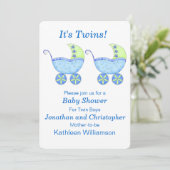 Blue Buggy Carriage Twin Boys Baby shower Kaart (Staand voorkant)