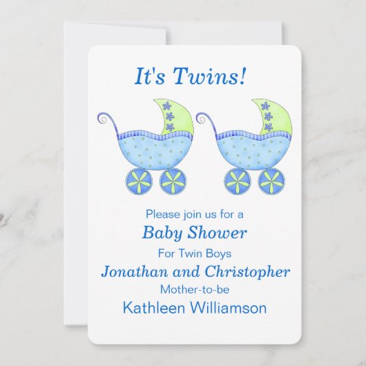 Blue Buggy Carriage Twin Boys Baby shower Kaart (Voorkant)