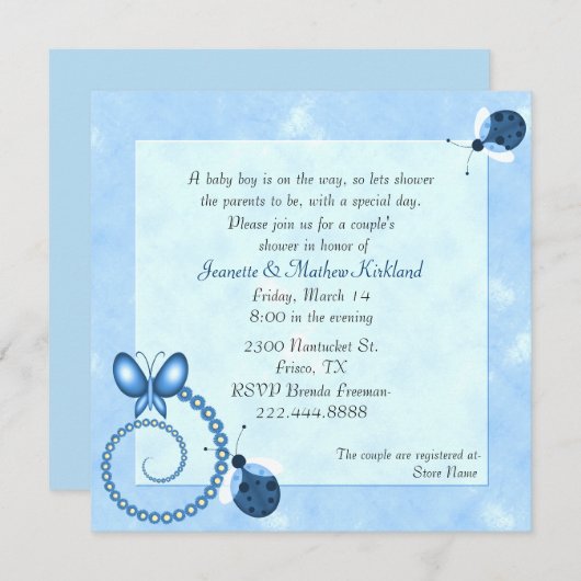 Blue Bugs Couple's Baby shower Invitation Kaart (Voorkant / Achterkant)