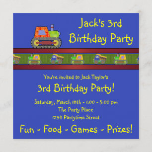 Blue Bulldozer 3rd Birthday Party Invitation Kaart