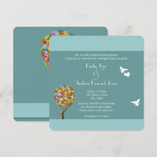 Blue Bumble Bee Forest Fairy Tale Wedding Invite Kaart (Voorkant / Achterkant)