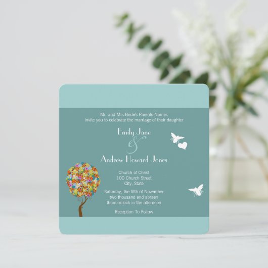 Blue Bumble Bee Forest Fairy Tale Wedding Invite Kaart (Staand voorkant)