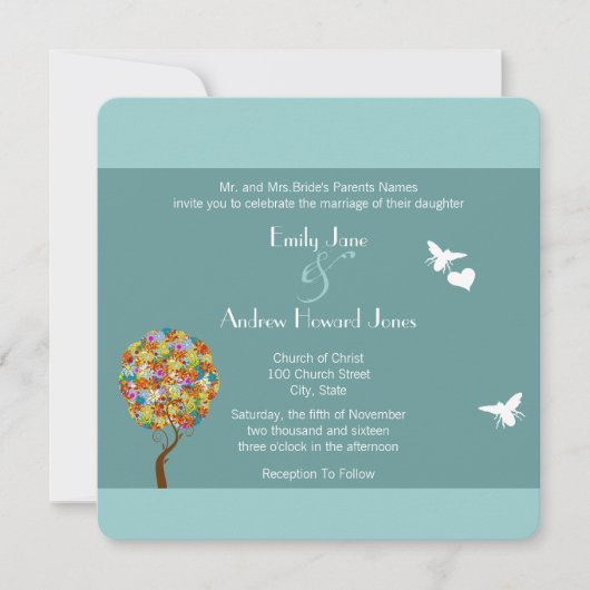 Blue Bumble Bee Forest Fairy Tale Wedding Invite Kaart (Voorkant)