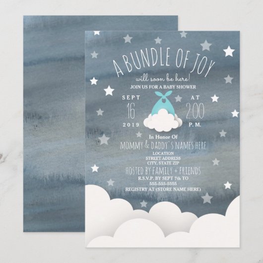 Blue Bundle of Joy Clouds + Stars Waterverf Baby Kaart (Voorkant / Achterkant)