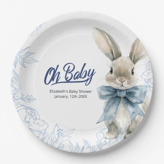 Blue Bunny Baby shower Papieren Bordje (Voorkant)