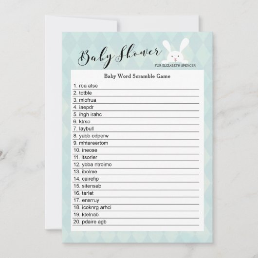 Blue Bunny Baby shower Word Scramble Game Kaart (Voorkant)
