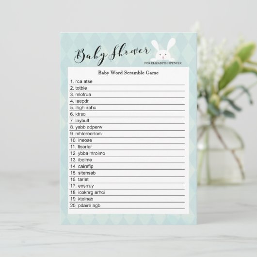Blue Bunny Baby shower Word Scramble Game Kaart (Staand voorkant)