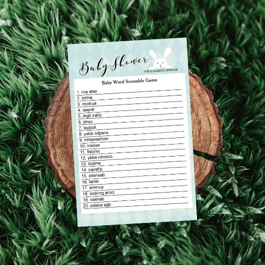 Blue Bunny Baby shower Word Scramble Game Kaart