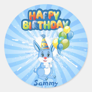 Blue Bunny Birthday Cartoon Ronde Sticker