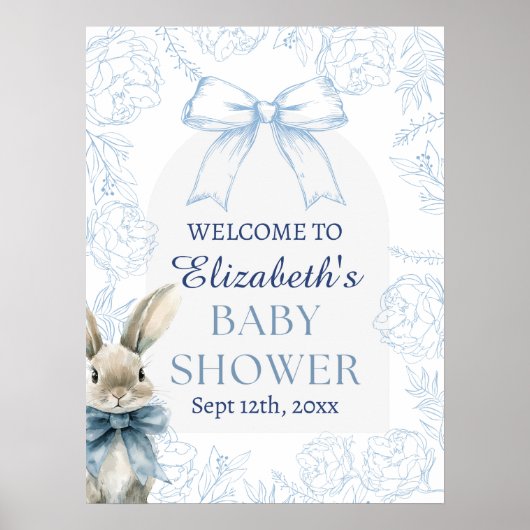 Blue Bunny Floral Baby shower Welkomstbord Poster (Voorkant)