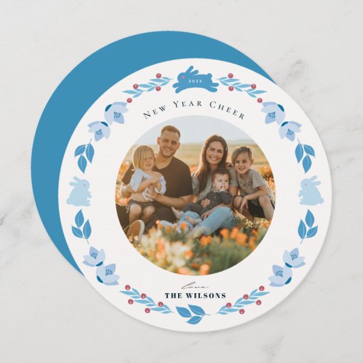 Blue Bunny Folk Art New Year Holiday Photo Card Feestdagenkaart (Voorkant / Achterkant)