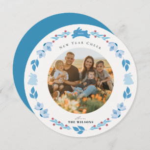 Blue Bunny Folk Art New Year Holiday Photo Card Feestdagenkaart