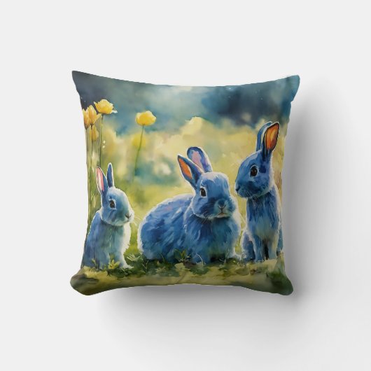Blue Bunny Garden: Kussen in aquarel stijl (Voorkant)