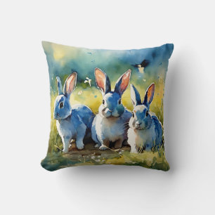 Blue Bunny Garden: Waterverf stijl kussen