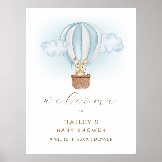 Blue Bunny luchtballon Baby shower Welkom Poster (Voorkant)
