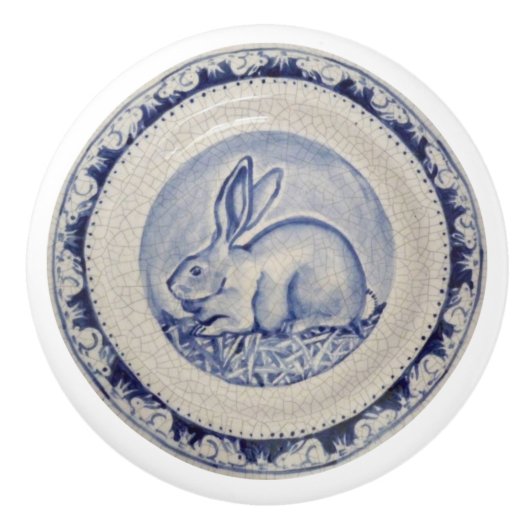 Blue Bunny Rabbit Bord Delft Dedham Ceramic Pull Keramische Knop (Voorkant)
