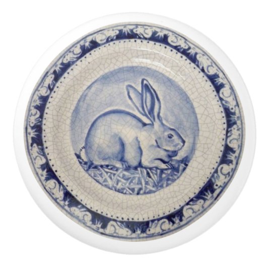 Blue Bunny Rabbit Bord Delft Dedham Ceramic Pull Keramische Knop (Voorkant)