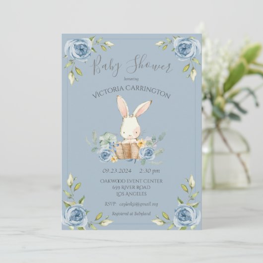 Blue Bunny Rabbit Boy Baby shower Invitation Kaart (Staand voorkant)