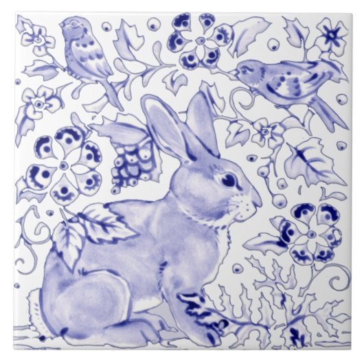 Blue Bunny Rabbit Farmhouse Delft Dedham Art Tegeltje (Voorkant)