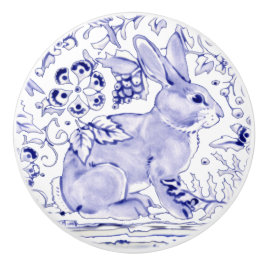 Blue Bunny Rabbit Floral Delft Dedham Ceramic Pull Keramische Knop