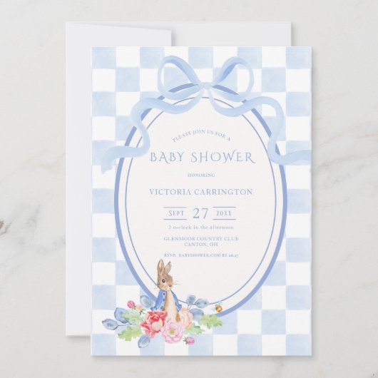 Blue Bunny Rabbit Gingham  Baby shower Kaart (Voorkant)