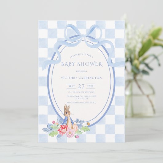 Blue Bunny Rabbit Gingham  Baby shower Kaart (Staand voorkant)