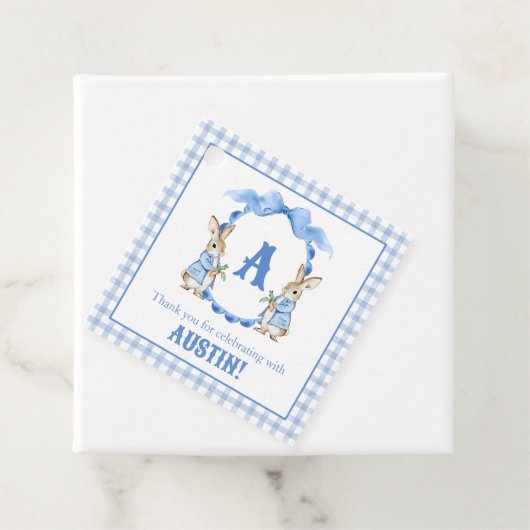 Blue Bunny Rabbit Gingham Monogram Crest Bedankjes Labels (In situ)