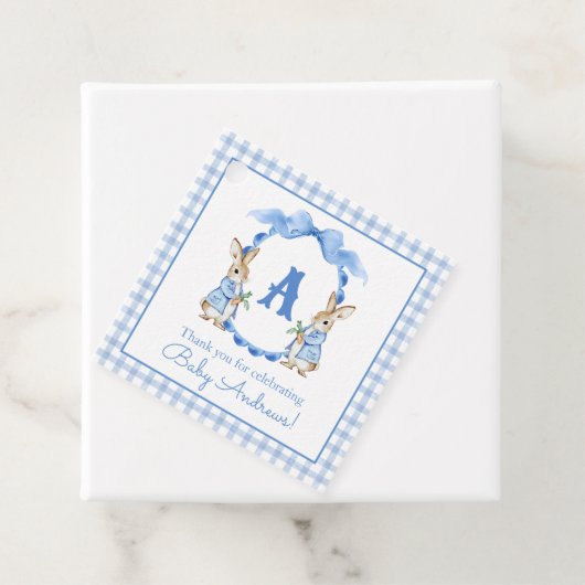 Blue Bunny Rabbit Gingham Monogram Crest Bedankjes Labels (In situ)