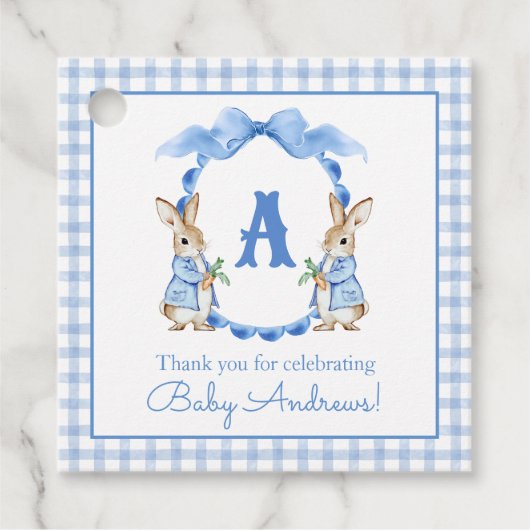 Blue Bunny Rabbit Gingham Monogram Crest Bedankjes Labels (Voorkant)