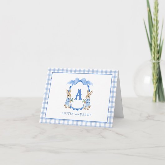 Blue Bunny Rabbit Gingham Monogram Crest Bedankkaart (Voorkant)
