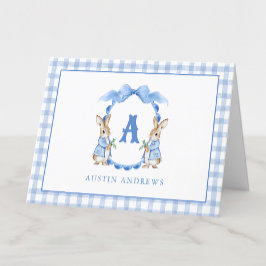Blue Bunny Rabbit Gingham Monogram Crest Bedankkaart