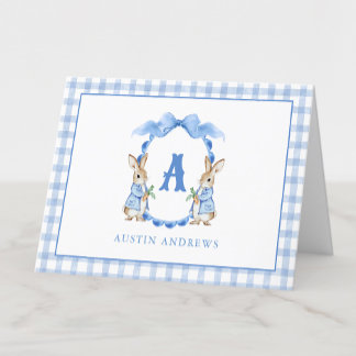 Blue Bunny Rabbit Gingham Monogram Crest Bedankkaart