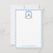Blue Bunny Rabbit Gingham Monogram Crest Bedankkaart (Voorkant)