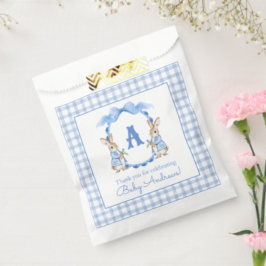 Blue Bunny Rabbit Gingham Monogram Crest Bedankzakje (Gezegeld)