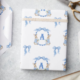 Blue Bunny Rabbit Gingham Monogram Crest Cadeaupapier