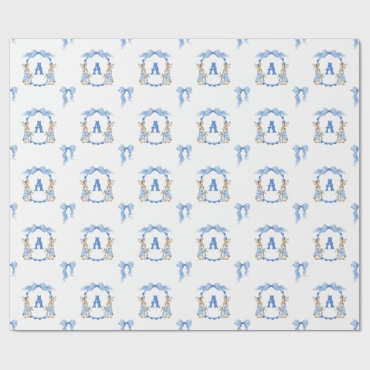 Blue Bunny Rabbit Gingham Monogram Crest Cadeaupapier (Vlak)