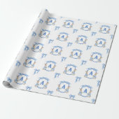 Blue Bunny Rabbit Gingham Monogram Crest Cadeaupapier (Uitgerold)