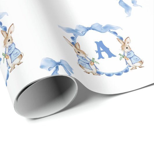Blue Bunny Rabbit Gingham Monogram Crest Cadeaupapier (Rol Hoek)