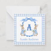 Blue Bunny Rabbit Gingham Monogram Crest Notitiekaartje (Voorkant)
