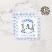 Blue Bunny Rabbit Gingham Monogram Crest Notitiekaartje (Voorkant / Achterkant in situ)