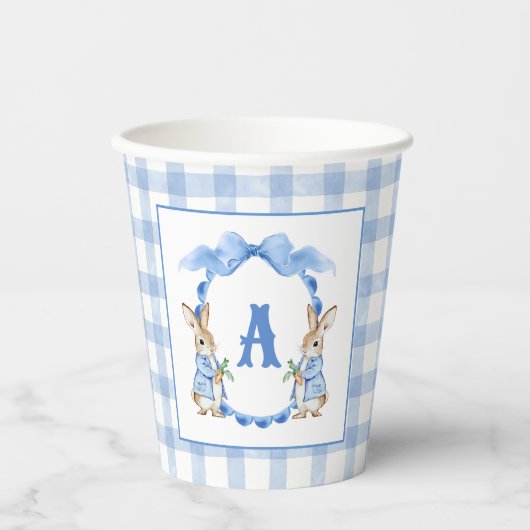 Blue Bunny Rabbit Gingham Monogram Crest Papieren Bekers (Voorkant)
