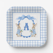 Blue Bunny Rabbit Gingham Monogram Crest Papieren Bordje (Voorkant)