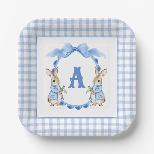 Blue Bunny Rabbit Gingham Monogram Crest Papieren Bordje (Voorkant)