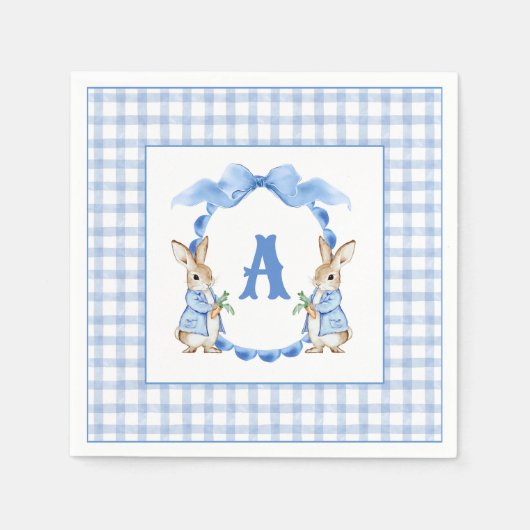 Blue Bunny Rabbit Gingham Monogram Crest Servet (Voorkant)
