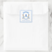 Blue Bunny Rabbit Gingham Monogram Crest Vierkante Sticker (Tas)